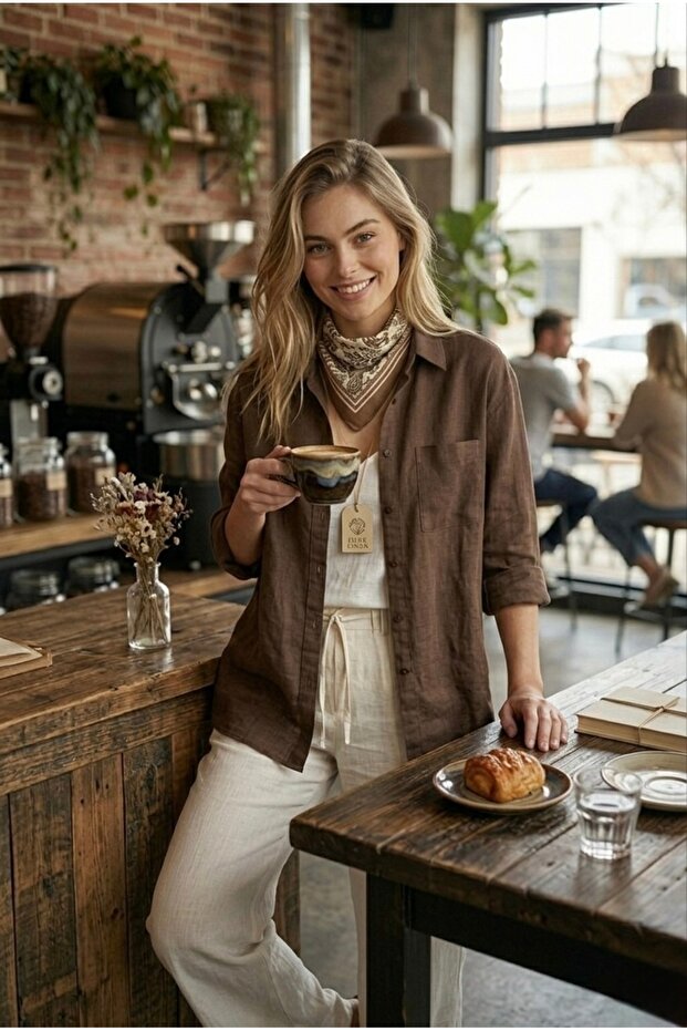 Natural Linen Fabric Oversize Loose Fit Women's Shirt Relaxed Cut Brown