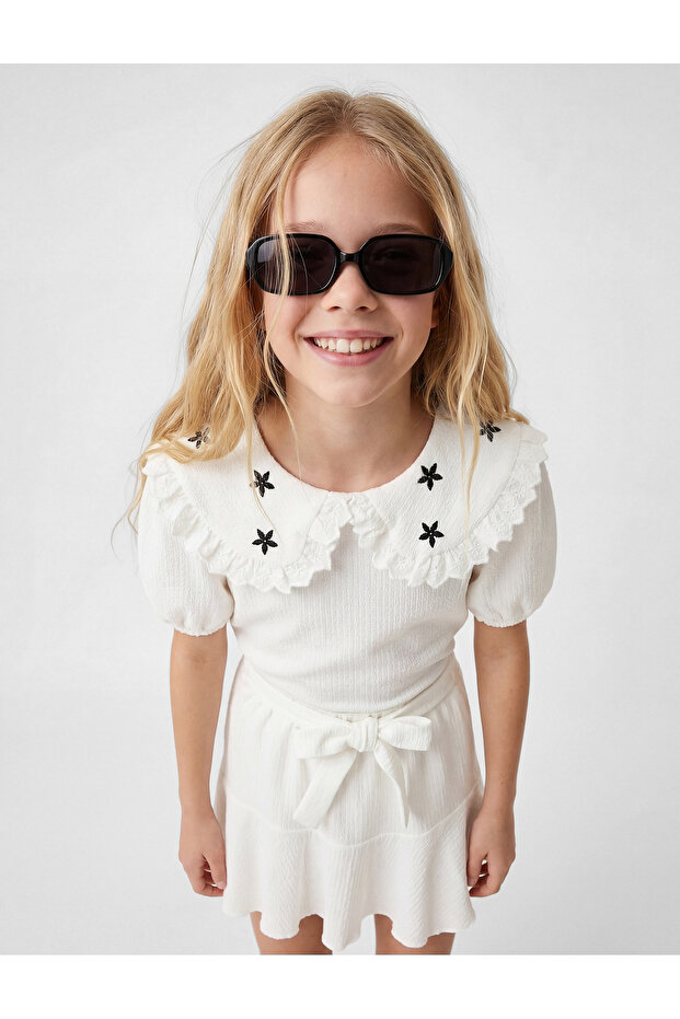 Embroidery Detailed Short Sleeve Baby Collar Blouse