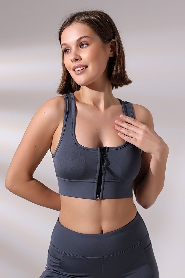 EMFURE Füme Pedli Fermuarlı Spor Büstiyer - Sports Bra / Crop Destekli Spor Sütyeni