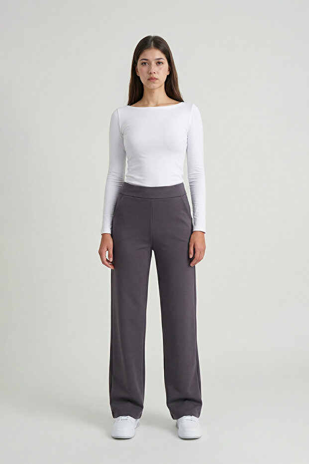 Anthracite High Waist Lycra Straight Cut Women's Palazzo Trousers with Pockets