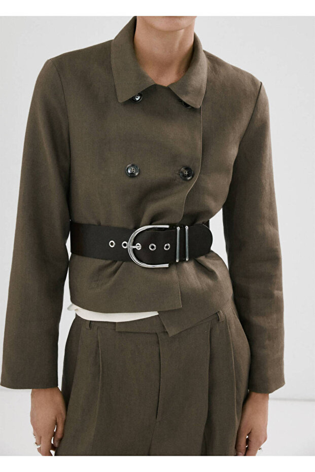 Çift düğmeli keten blazer ceket - 7