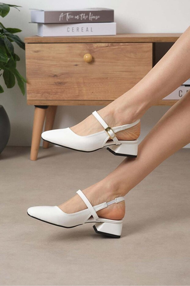 Ella White Color Open Back Women's Low Heeled Shoes