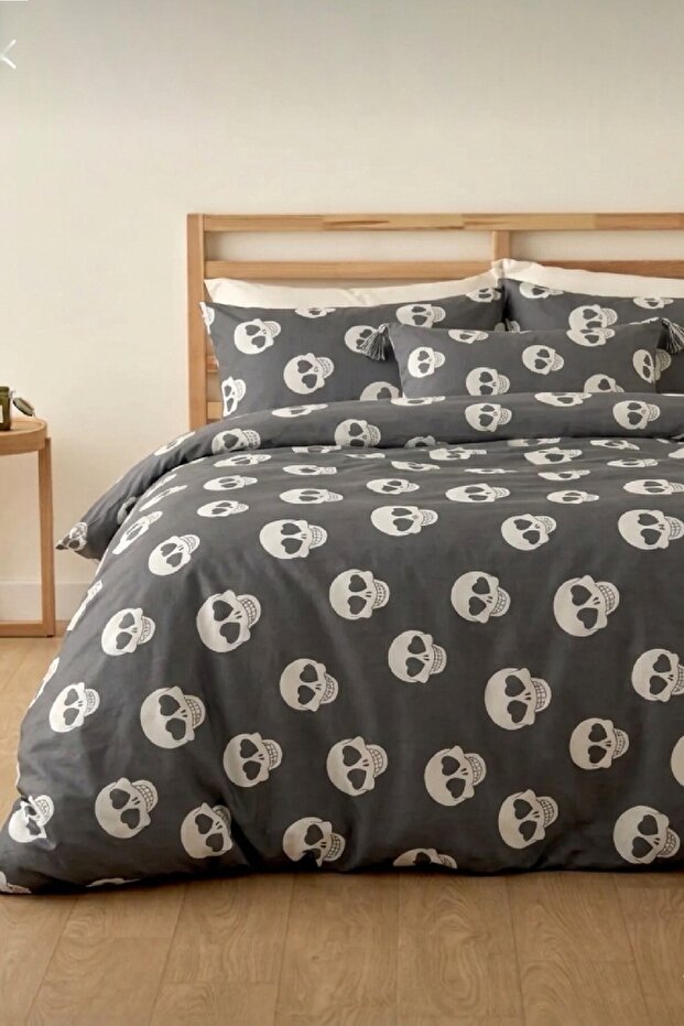 Skull Double Bed Sheet with Elastic - 100% Cotton Duvet Cover Set - Gray
