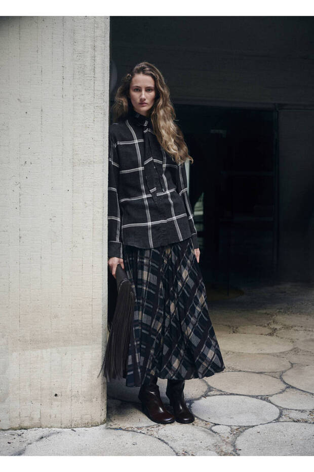 Checkered Blouse with a Scarf Collar
