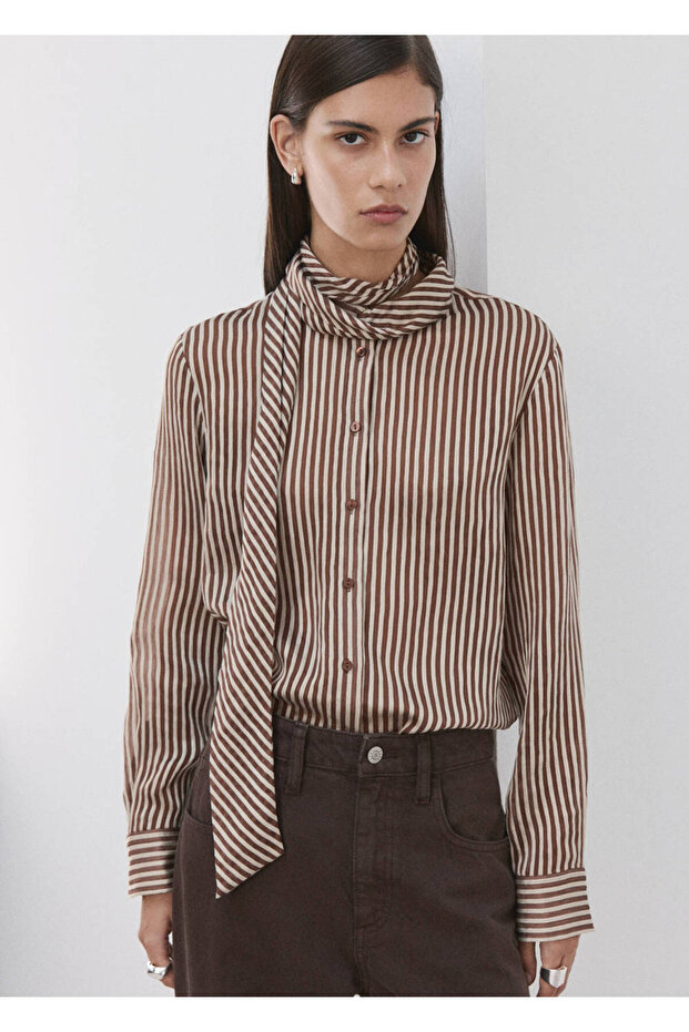 Bow Tie Collar Striped Blouse