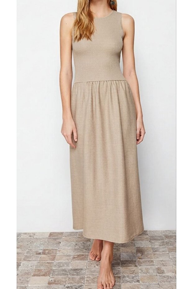 Women's A-Line Maxi Brown Linen Look Flared Dress with Skirt