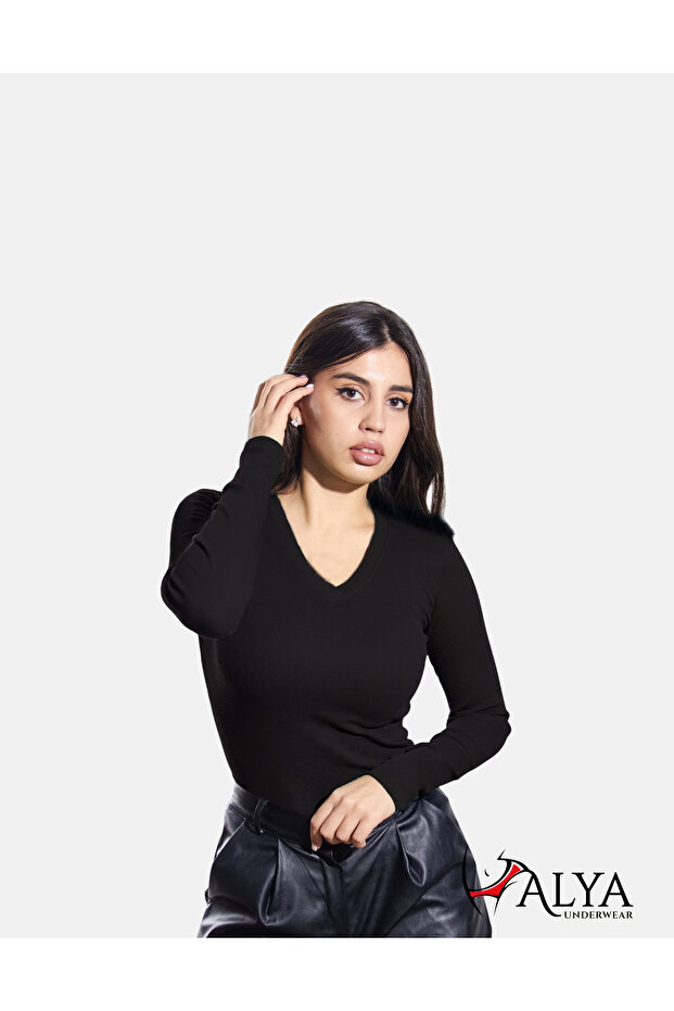 Cotton Camisole V-Neck Body Sweatshirt, Ribbed Fabric Lycra Blouse, Black Badi