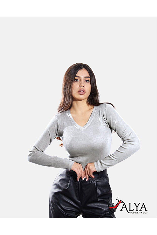 Camisole V-Neck Body Sweatshirt, Ribbed Fabric, Lycra, Gray Melange