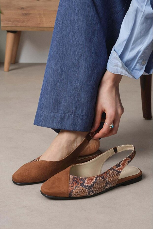 Debby Tan Color Open Back Women's Flat Ballerina Shoes