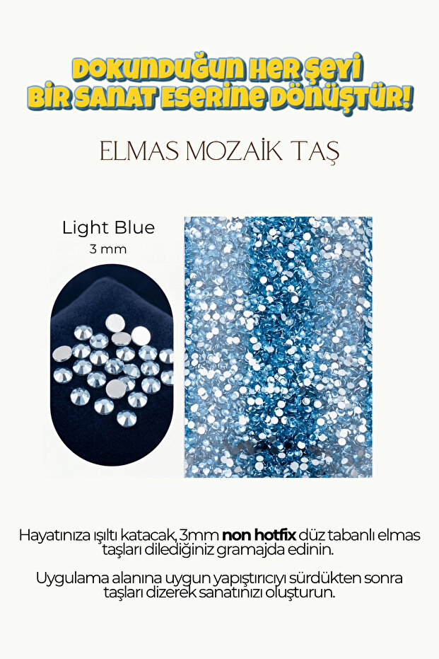 Brextco Store 1000 Adet Elmas Mozaik Taş | 3mm Non-Hotfix Düz Tabanlı Süsleme Taşı/Diamond Painting - Light Blue