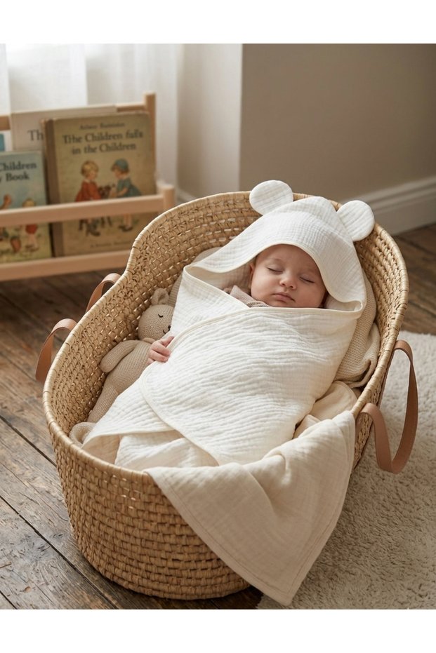 4 Layer Ecru Muslin Baby Towel - 100% Cotton, Organic, Sea Bathrobe