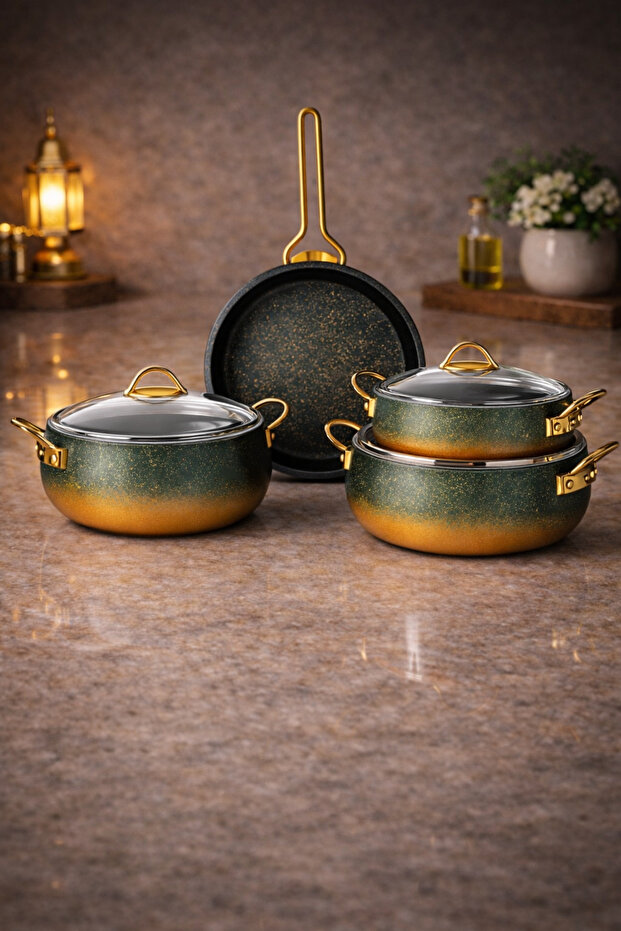 Caldora 7 Piece Granite Casserole Cookware Set with Green Gold Handles - 20/24/26 Deep /26 Casserole Pan