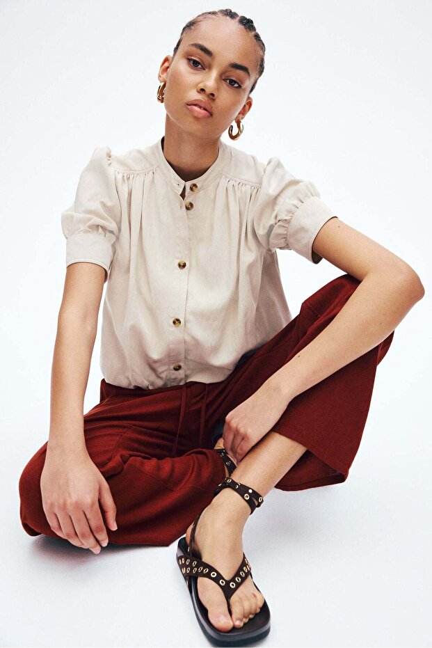 Linen-blend drawstring trousers - 1