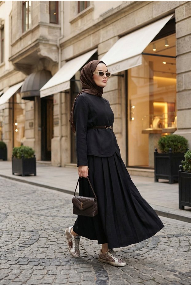 Kupra Fabric Belted Jacket Skirt Three-Piece Set – Black
