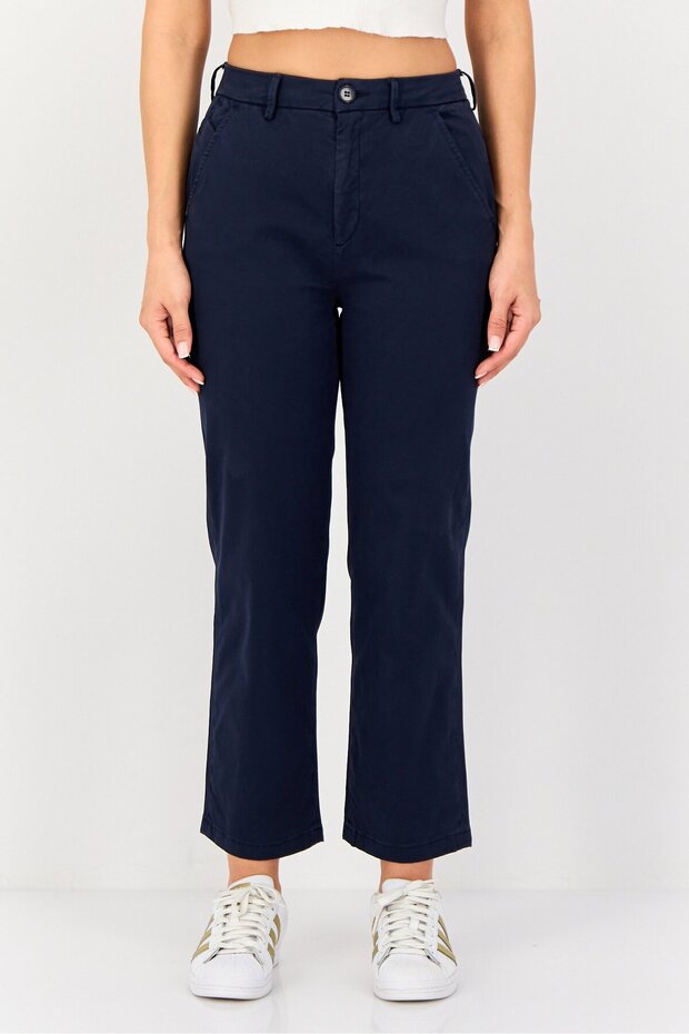 Women Cropped Fit Plain Chino Pants, Dark Navy