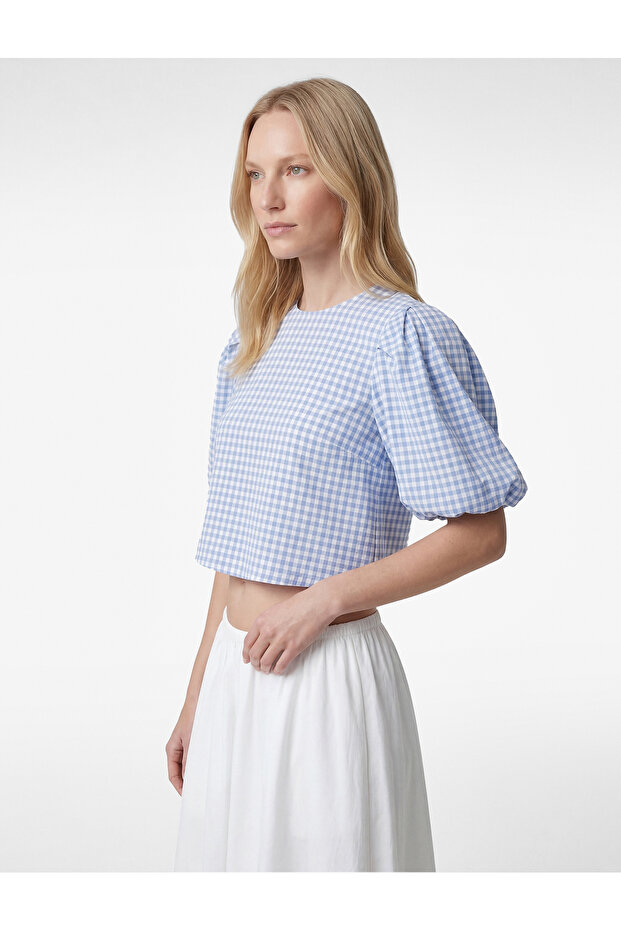Bol Kalıp Crew Neck Short Balloon Sleeve Blouse Pack of Gingham