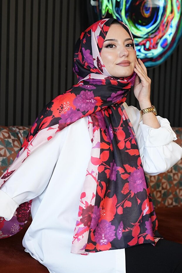Flower Pattern Pink Cotton Shawl - 1