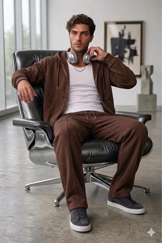 Men's Brown Oversize Combed Cotton Fabric Cardigan & Green Sweatpants Set