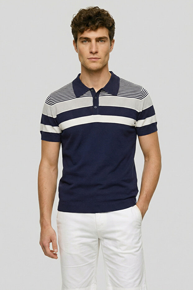 Salud Navy Blue Striped Polo Knitwear T-Shirt