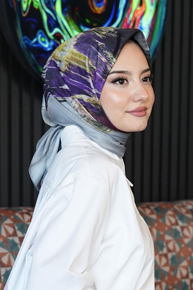 وشاح قطني بنقشة فرشاة، باللون البنفسجي - 5