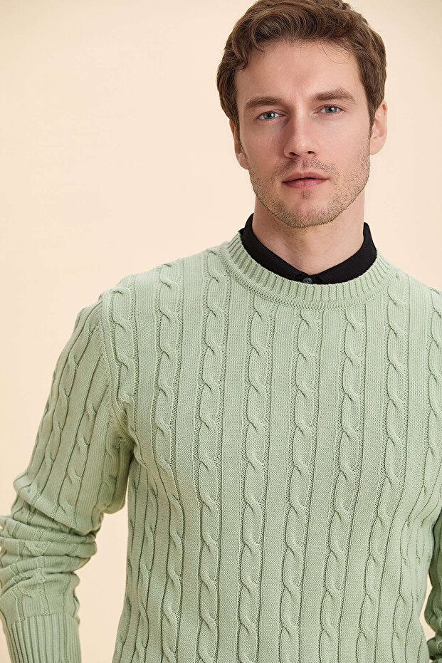 Dario Light Green 100% Cotton Hair Knit Crew Neck Sweater