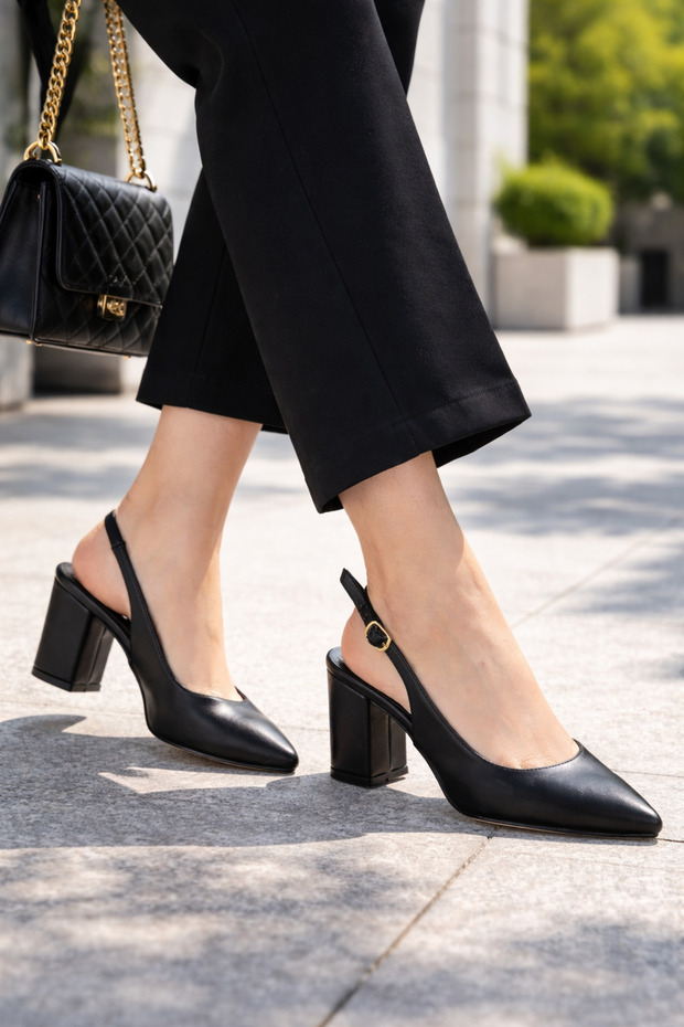 Velora Women's Black Leather Open-Back Strappy Pointed Toe Thick Heeled Shoes