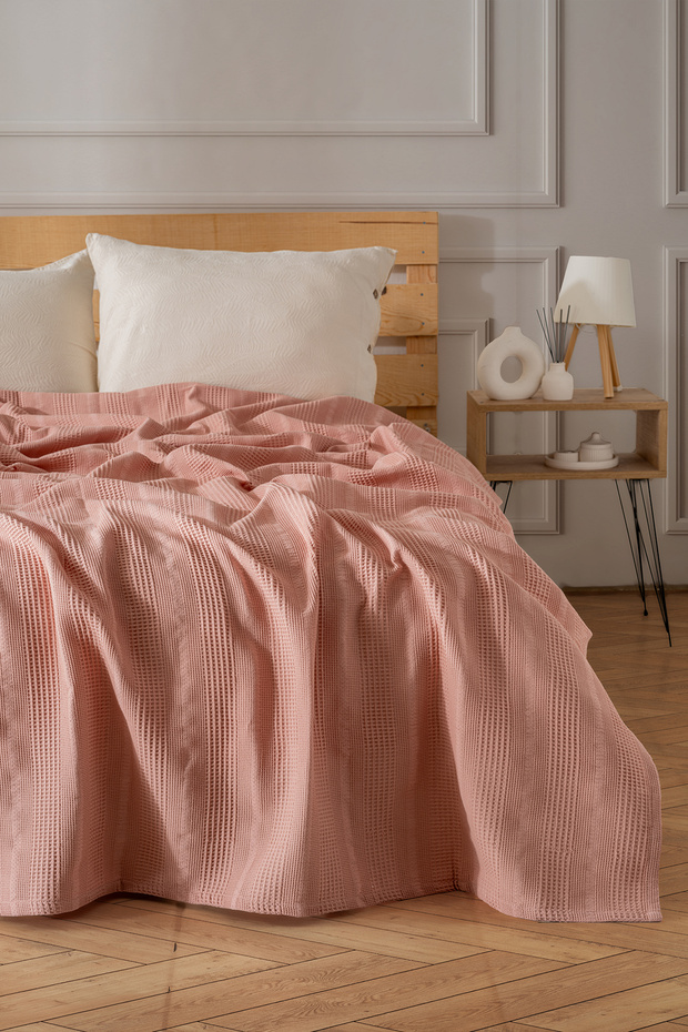 100% Cotton Single Pique 160X220 cm - Patterned Natural Bedspread with Border - Oeko-Tex Certified