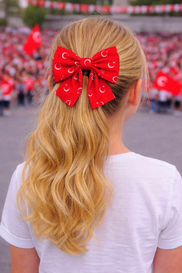 23 April Special Crescent Star Turkish Flag Red Ribbon Clip Bow Buckle 2 Pieces - Eid Buckle