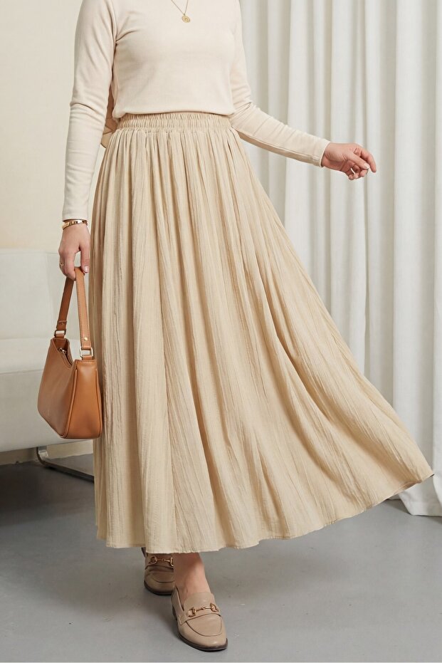 Elastic waist lined long waffle skirt - light mink