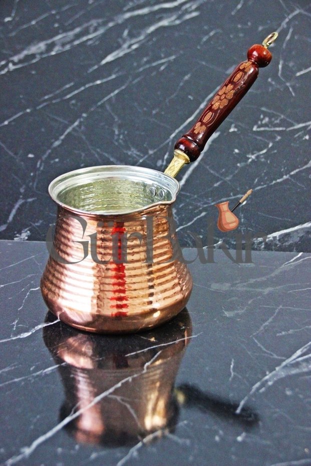 Tin-Coated Copper Turkish Coffee Pot with Wooden Handle 750 ml 7-8 Person Battal Size