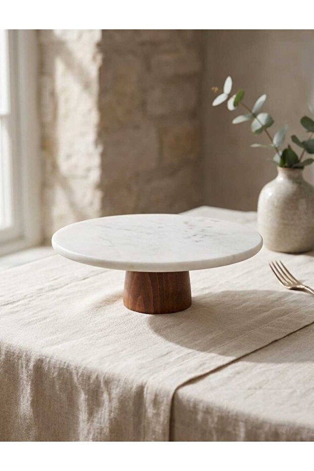 FARALYA CONCEPT NATURAL WHITE MARBLE WOOD-LEGGED CAKE STAND 28 CM SERVING CAKE PLATE