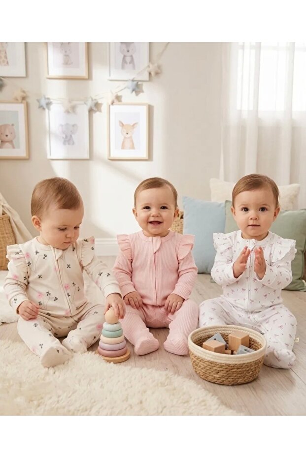 Patterned Zippered Baby Girl 3-Piece Cotton Romper Set with Ruffle Detail on the Sleeves