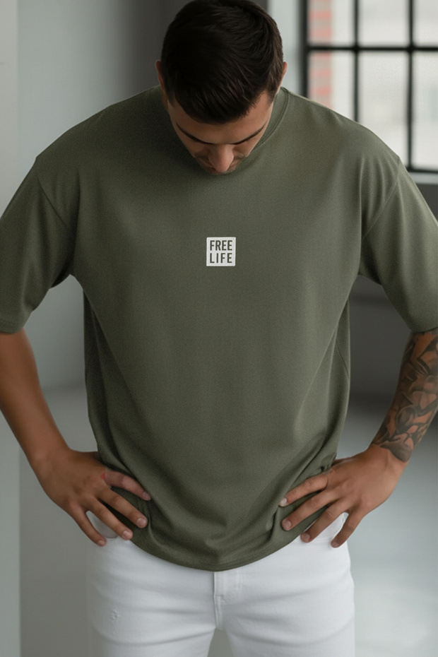 Teenage Millionaire Erkek Haki Free Life Bisiklet Yaka Oversize Salas T-Shirt