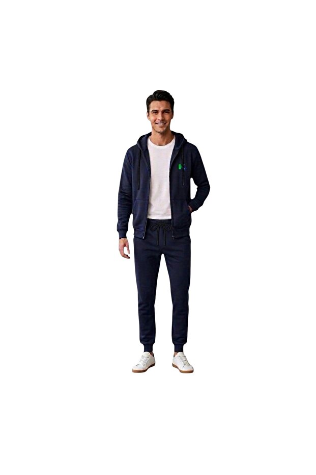 Saat Textile Oversize Blue Green Logo Zippered Hoodie Suit