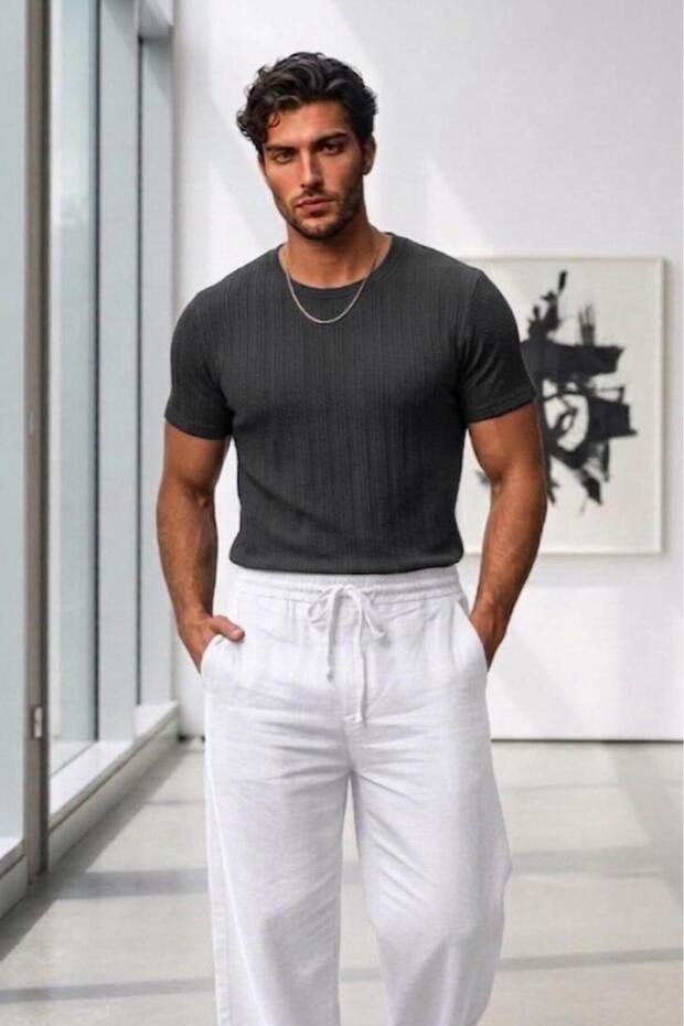 Men's Gray Premium Textured Knitted Crew Neck T-Shirt Trendy Fit