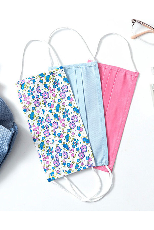 Flower Cotton Fabric Mask 9.5X18 cm Blue - Pink