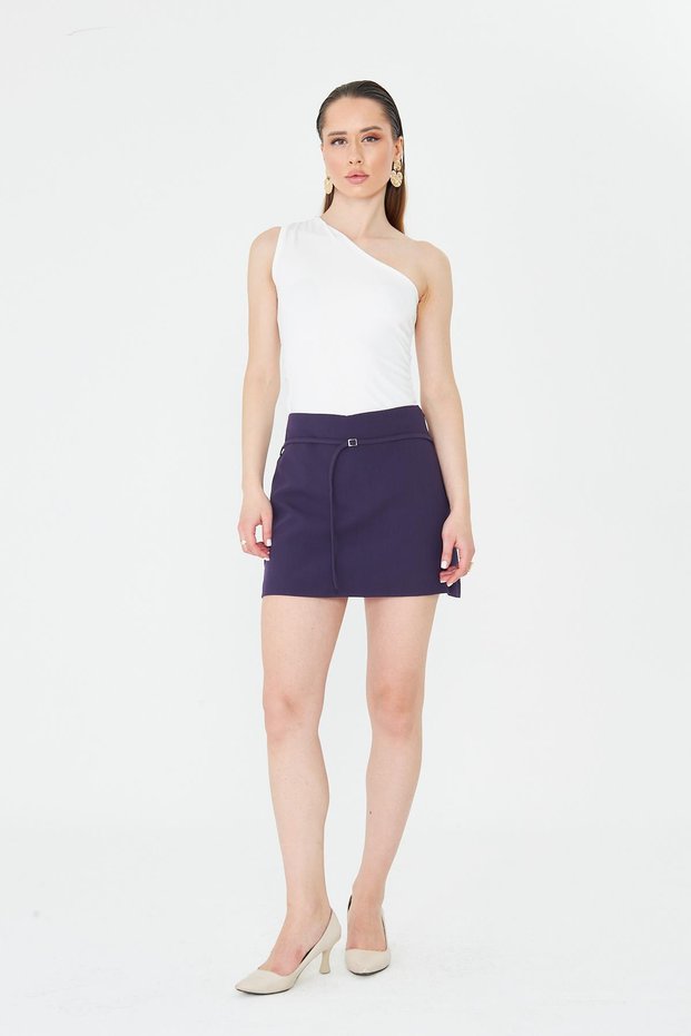 Shorts Skirt Women's Skirt with Shorts Mini Metal Buckle Belted Side Zipper Purple Plum Fabric