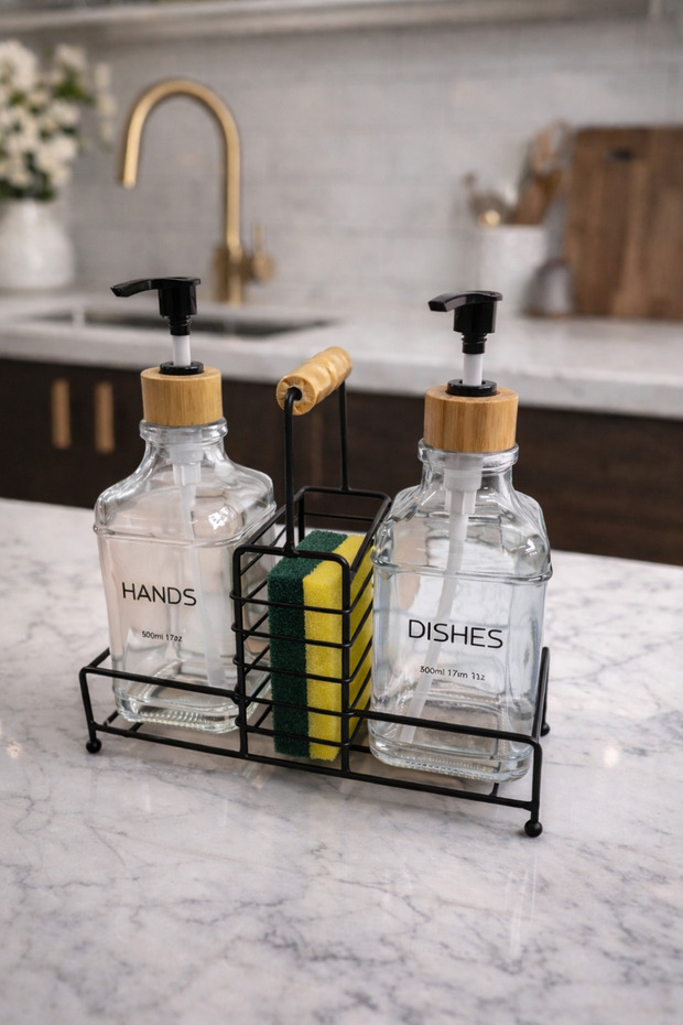 Luxury Glass Double Liquid Soap Dispenser & Detergent Dispenser Set - 500 ml Glass Soap Dispenser with Bamboo Handle and Metal Stand