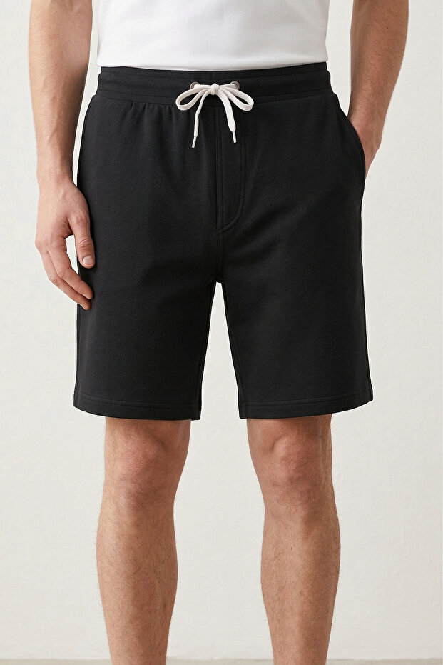 Cotton Men's Black Casual Shorts Side Pocket Lace-Up Regular Fit Pipe Leg Casual Bermuda 2 Thread