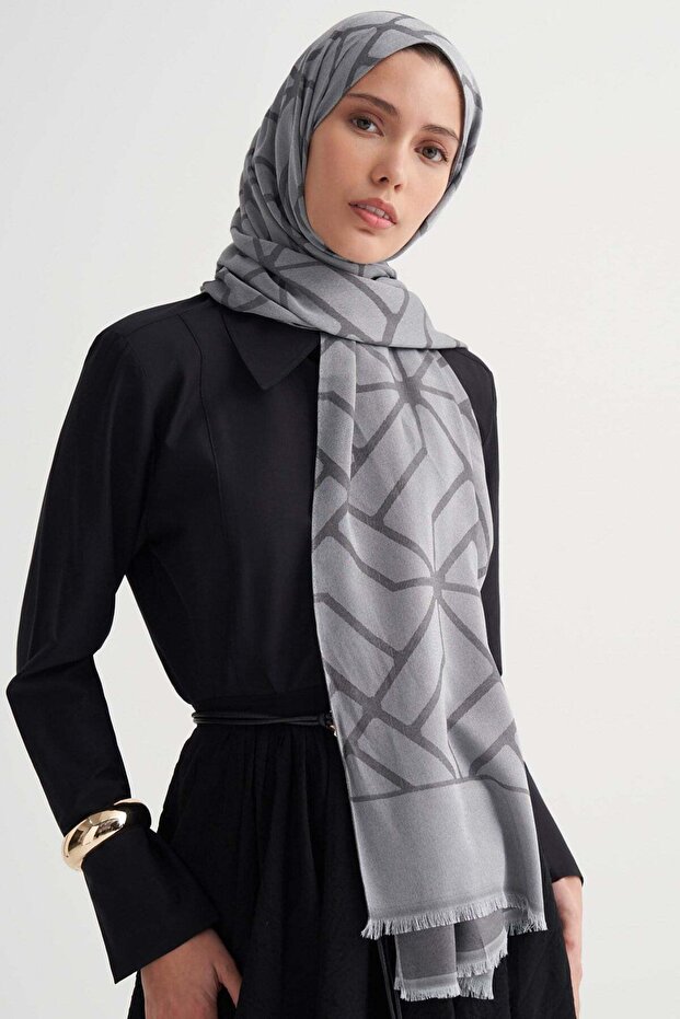 Vence Double Sided Geometric Pattern Silk Shawl Gray