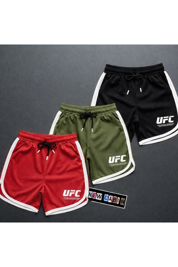 New Season Trend Red-Khaki-Black Honeycomb Fabric 3-Piece Ufc Printed Sports Casual Striped Shorts