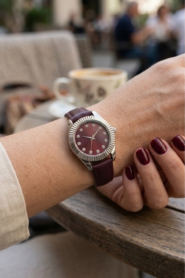 New Season Leather Cord Steel Case Women's Wristwatch Claret Red Cord Minimal Silver Case