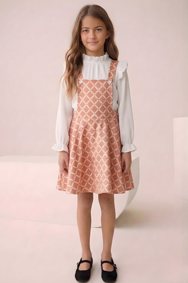Girl's Baklava Pattern Salopet Jile and Corded Fabric Blouse Set - Ruffled 2-Piece Bottom Top Set
