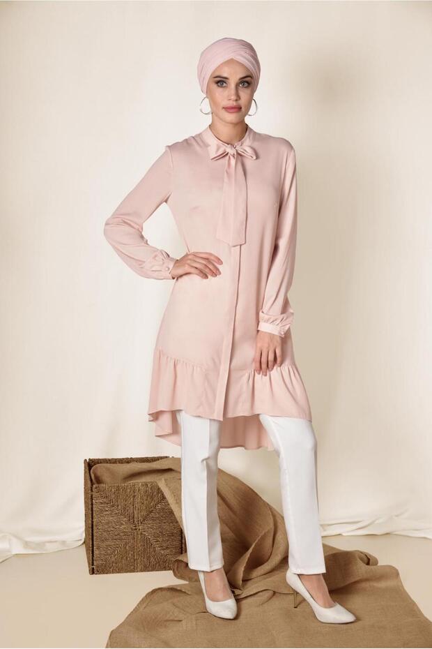 Pleated Hem Tunic with Lace-Up Collar 4066