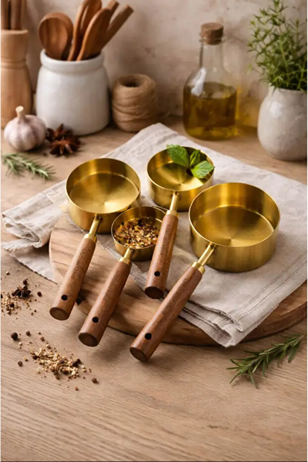 4Pcs Large Size Stainless Steel Wooden Handle Measure Spoon Set Measuring Cup 60ml 80ml 125ml 250ml