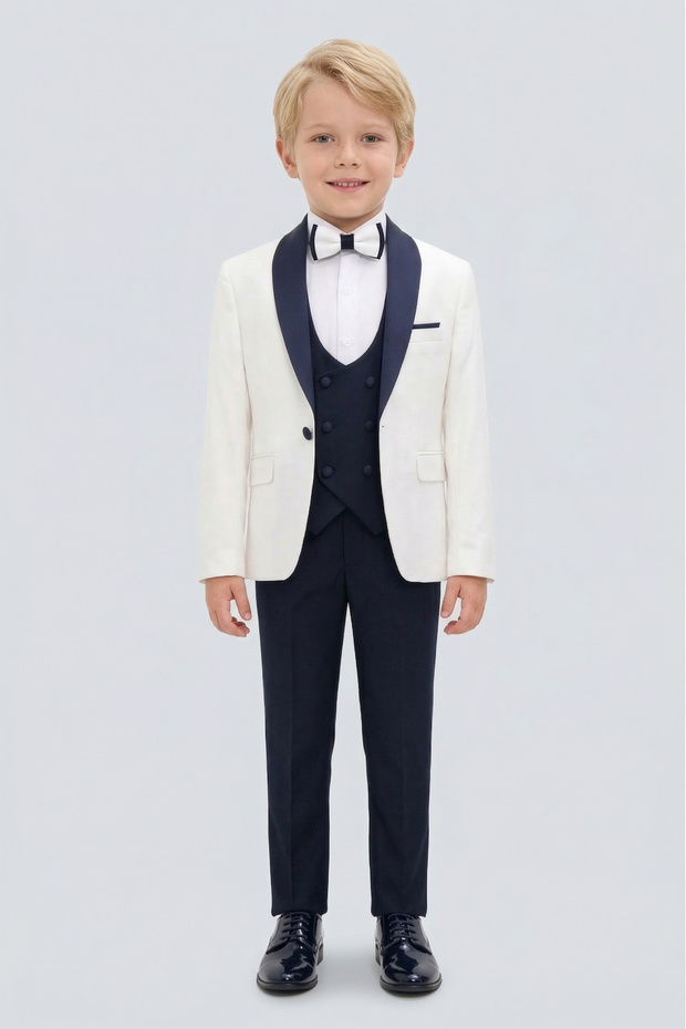 Boy's Vest Ecru Color Navy Blue Collar Detailed Tuxedo Suit