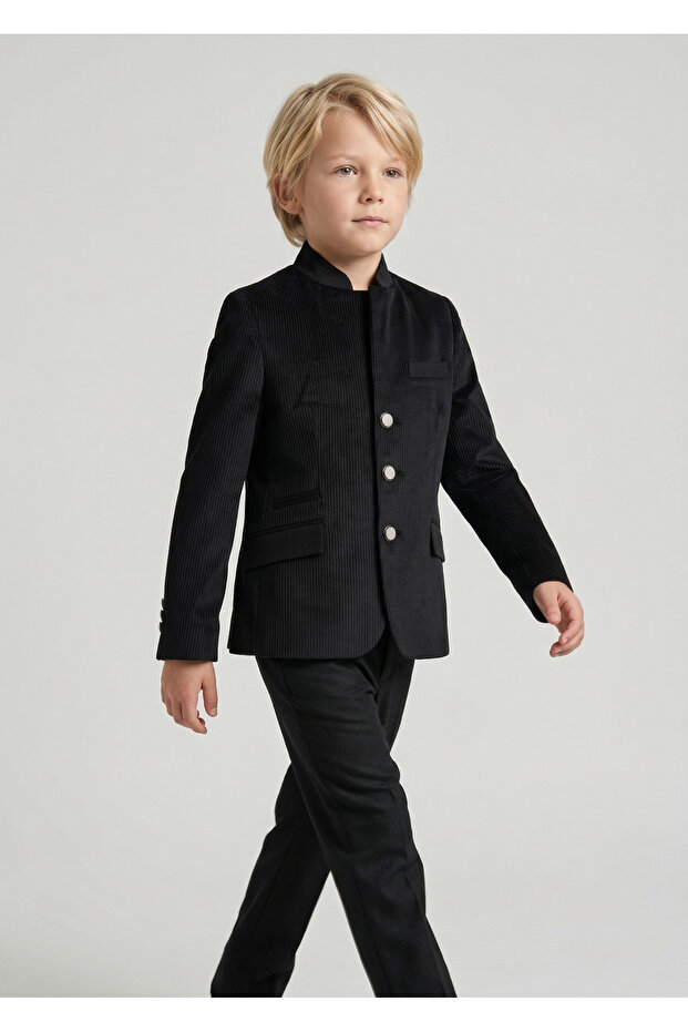 Boy's Black Velvet Metal Button Judge Collar Jacket Black Pants Modern Suit