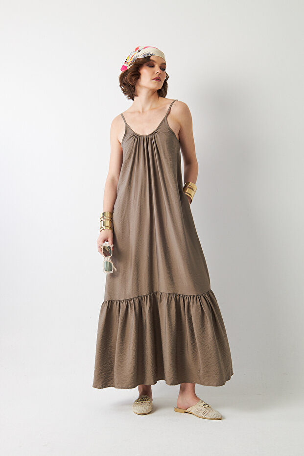 Women's Drawstring Collar Strap Long Dress Mink – Pocketed , Ruffled Design, Comfortable Cut, Summer Wear Lightweight Textured