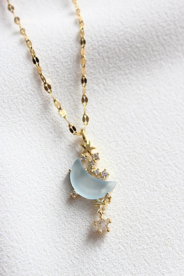 Non-Tarnish Women's Steel Zircon Stone Moon Stone Crescent Star Pendant Necklace