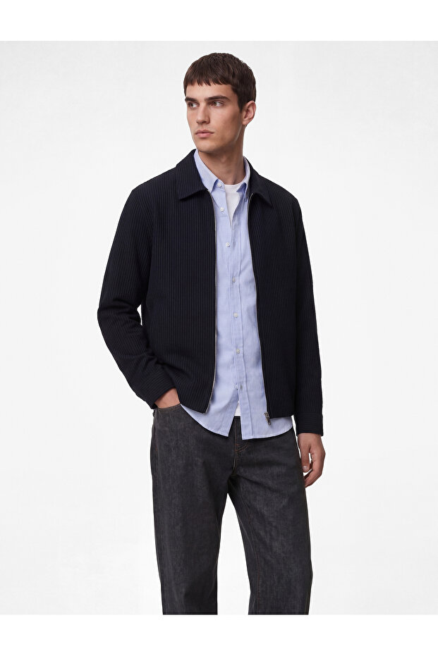 Long Sleeve Shirt Collar Zipper Striped Bomber Jacket